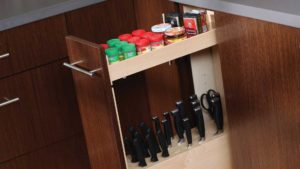 A kitchen cabinet with spices and knives in it