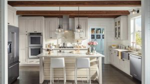 A kitchen with white cabinets and island in it