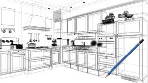 A drawing of an unfinished kitchen with appliances.
