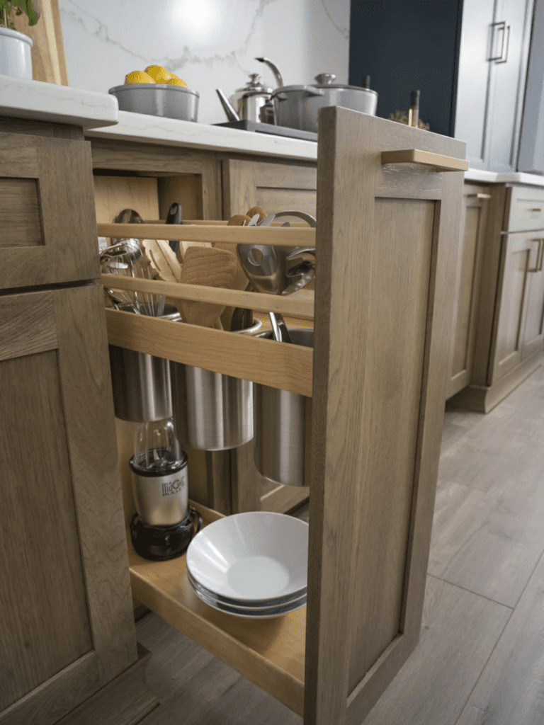 A kitchen with wooden cabinets and drawers